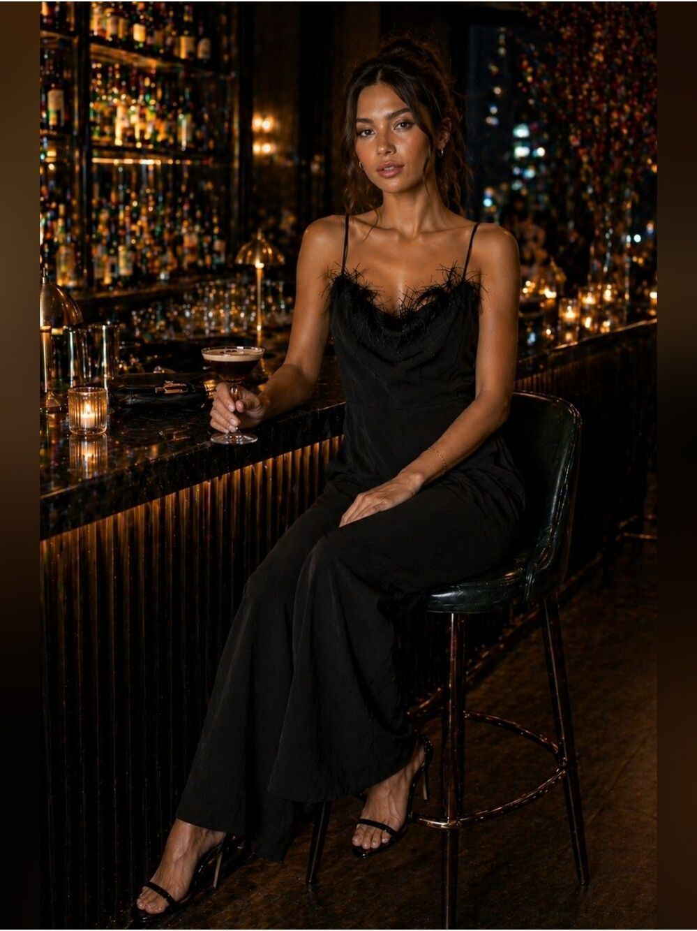 Sam Edelman Feather Trim Wide Leg Jumpsuit Black Cocktail Gala 10 - Picture 2 of 11